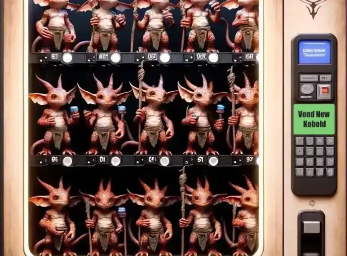 Quirky kobold-operated vending machine illustration